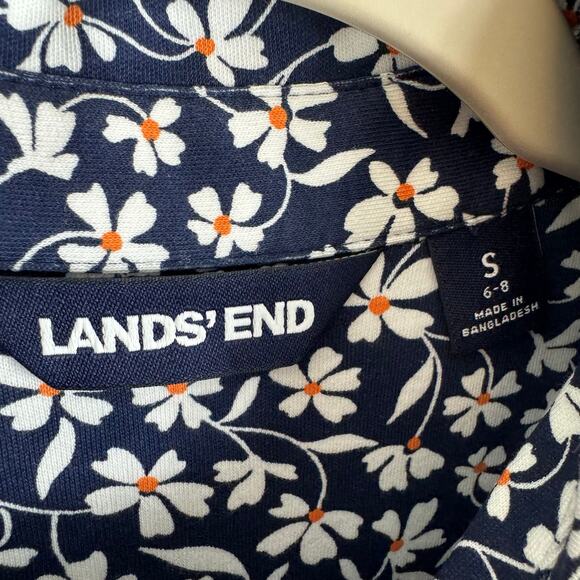 Lands' End Navy White Floral Daisy 3/4 Sleeve Collared Half Button Shirt Dress S - Picture 3 of 4